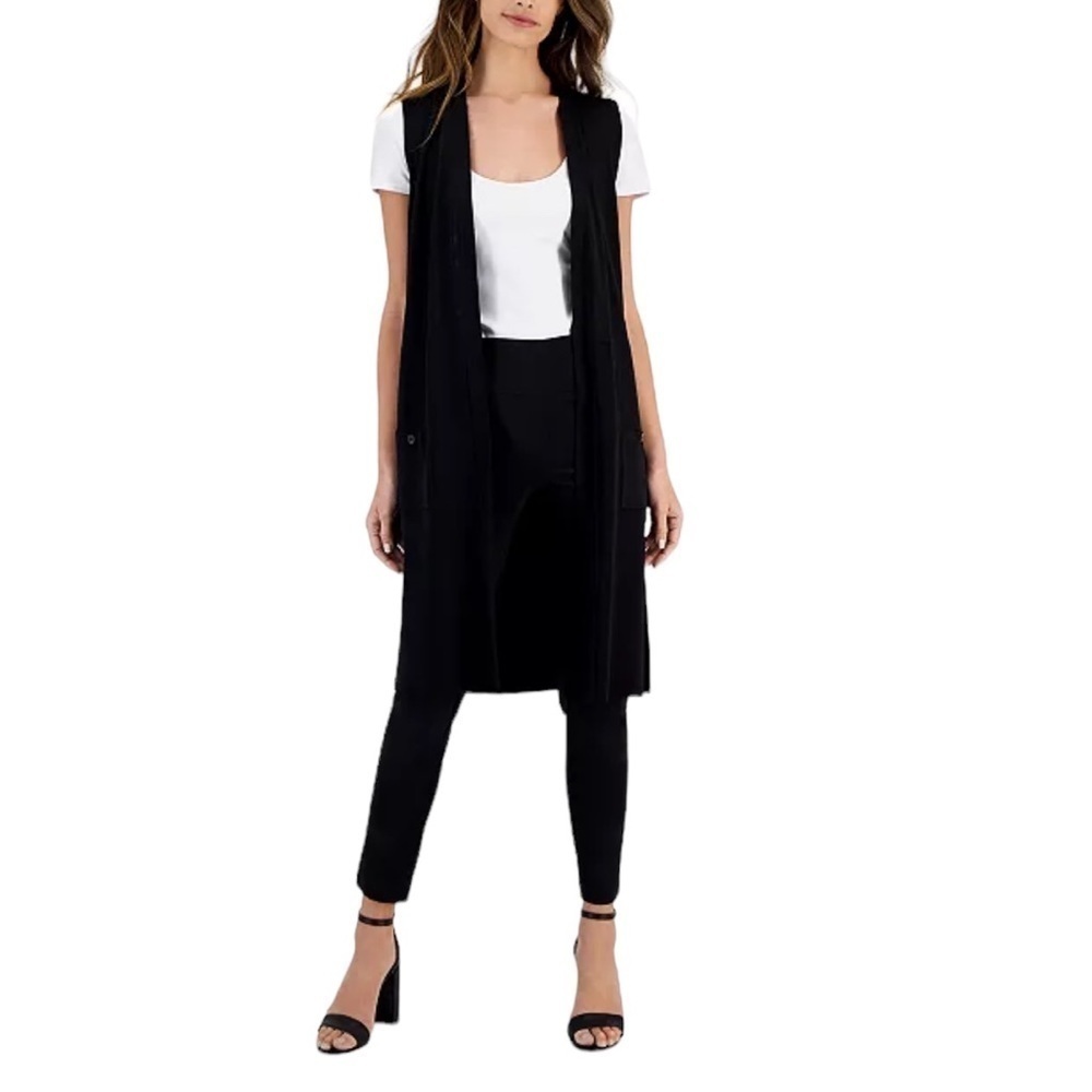 Tahari Women's Open-Front Sleeveless Knit Cardigan Black Size S